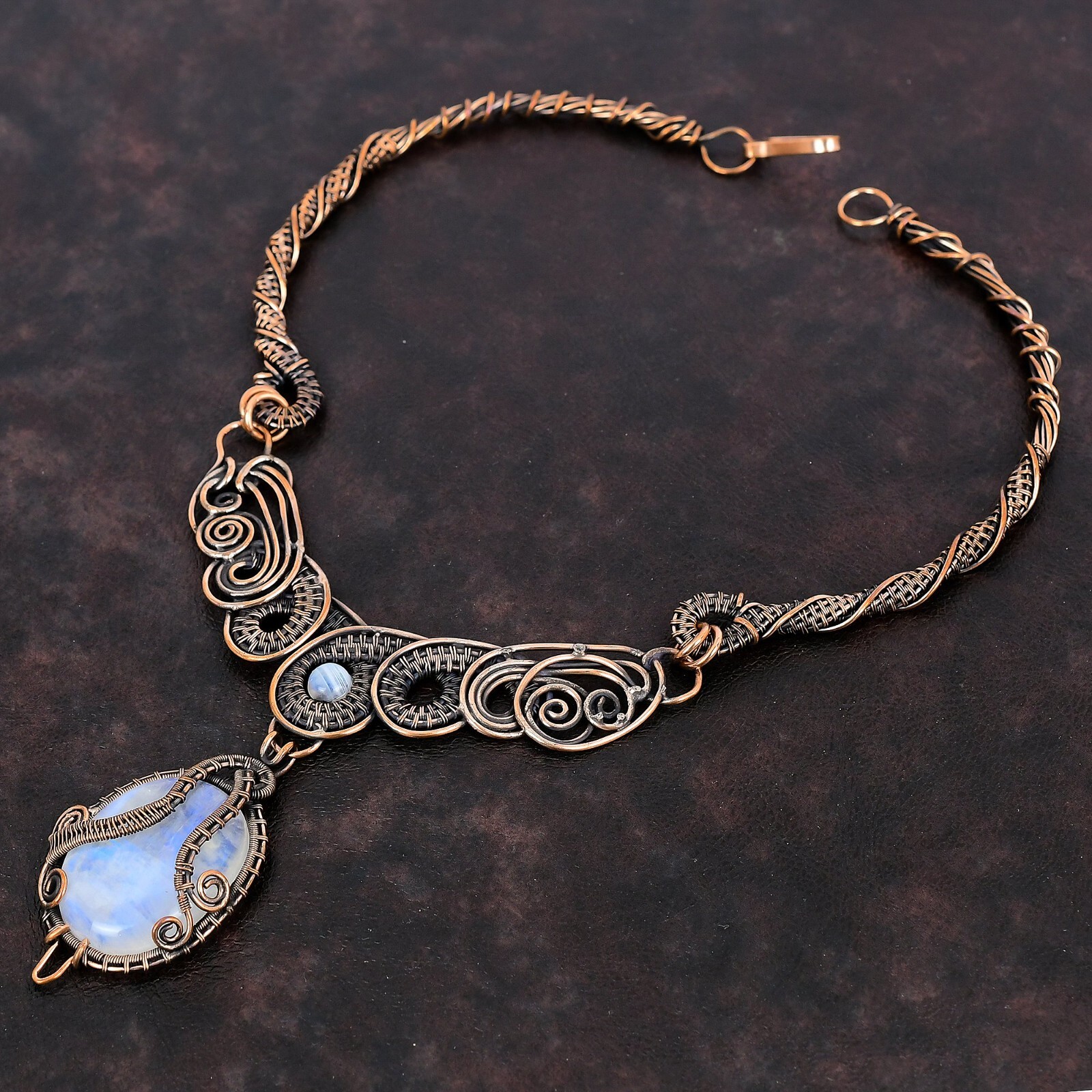 Rainbow Moonstone Jewelry Copper Love Gift Wire Wrapped Chain Necklace 18.0″