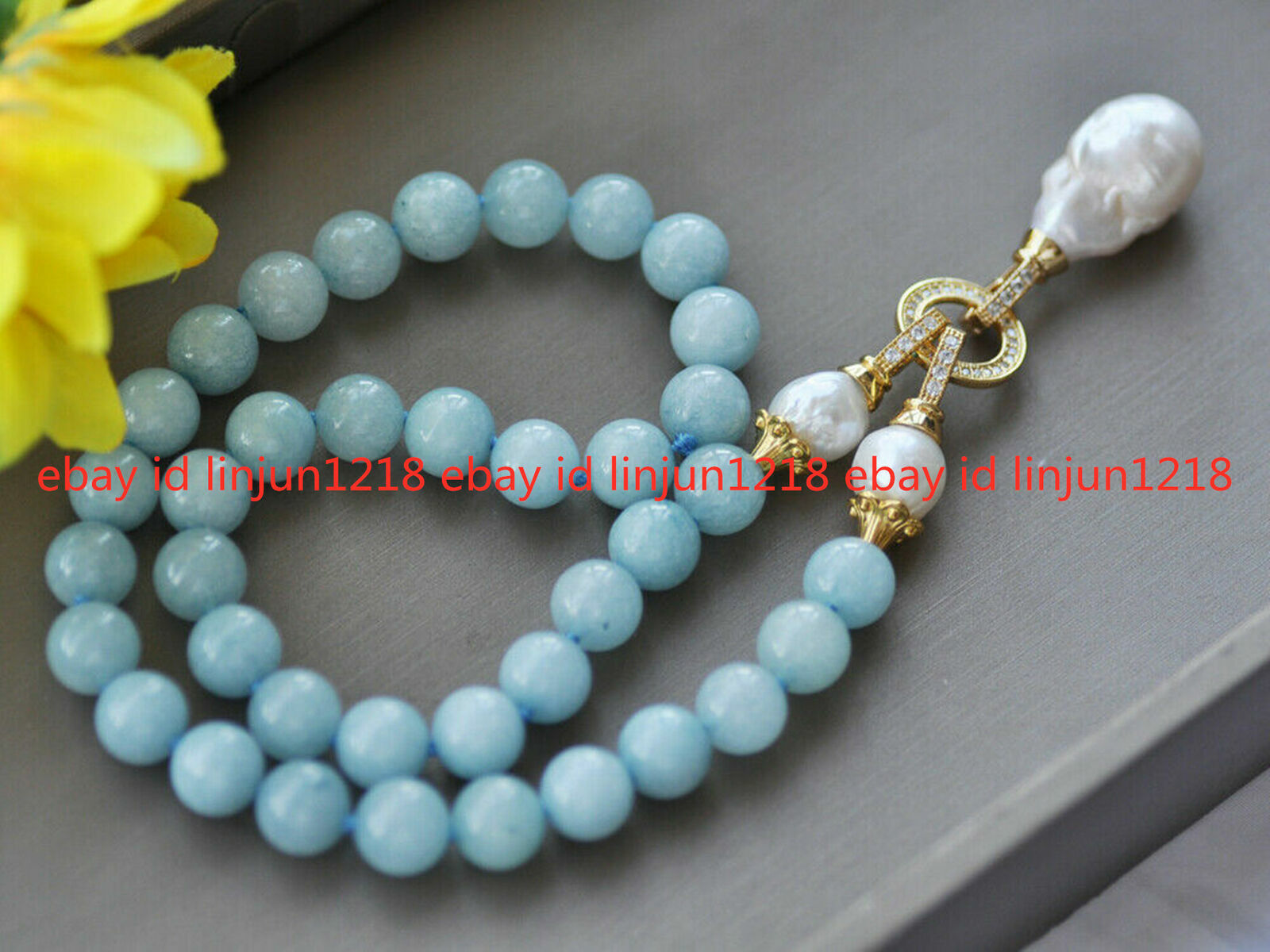 10mm Blue Aquamarine Gemstone Round Beads White Baroque Pearl Pendant Necklace