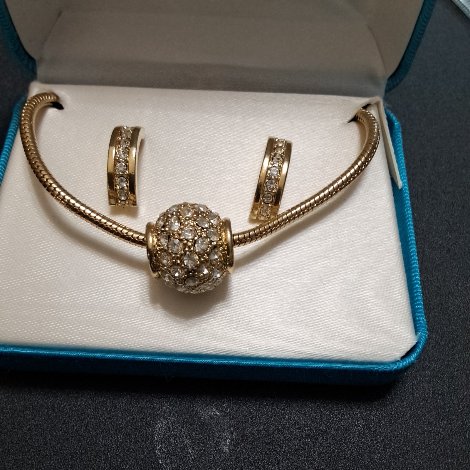 16″ GOLD SLIDER BALL SNAKE CHAIN NECKLACE & HALF HOOP PIERCED EARRINGS NIB #36