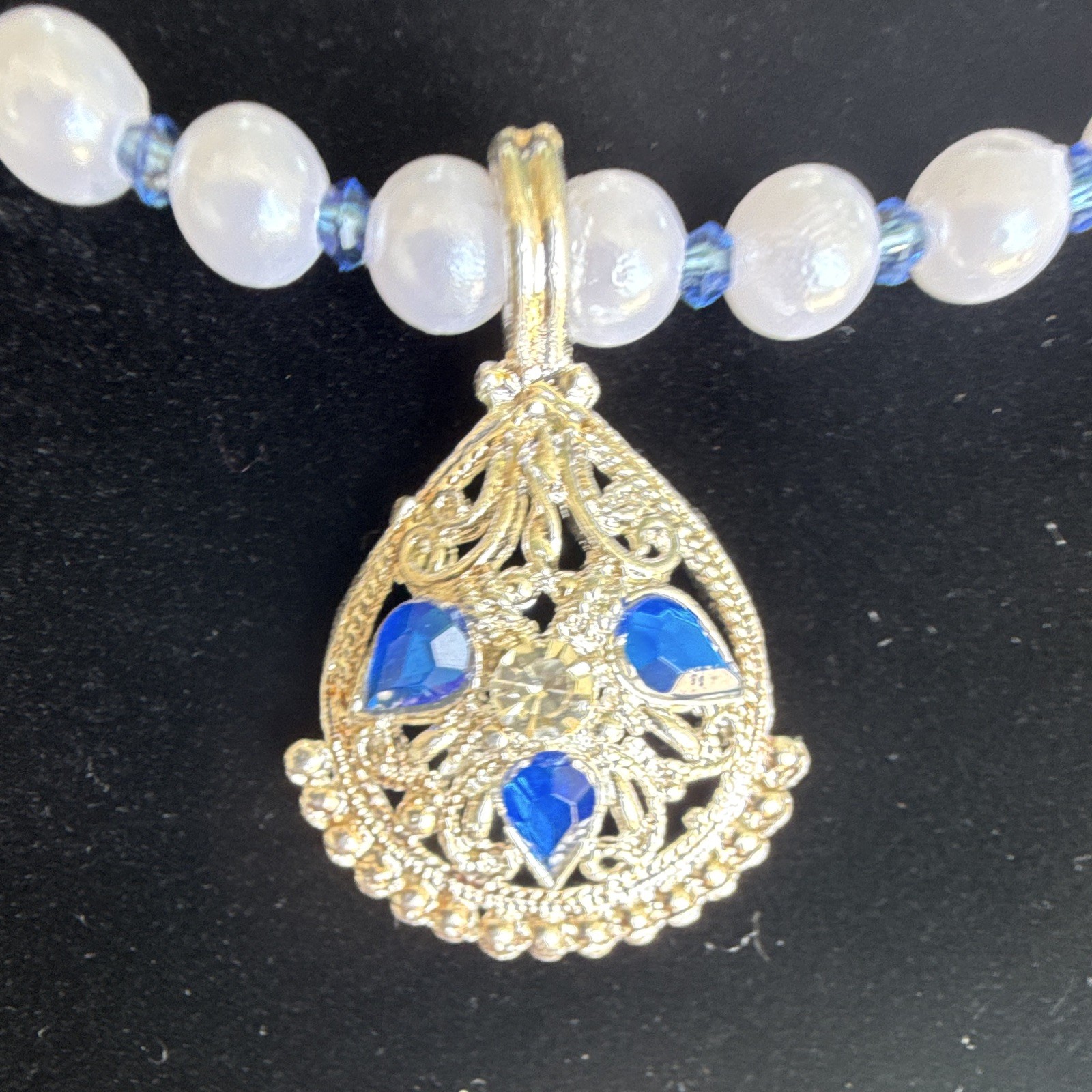 White Beaded Necklace, Adjustable Cable Chain, Gold Tone Blue Teardrop Charm