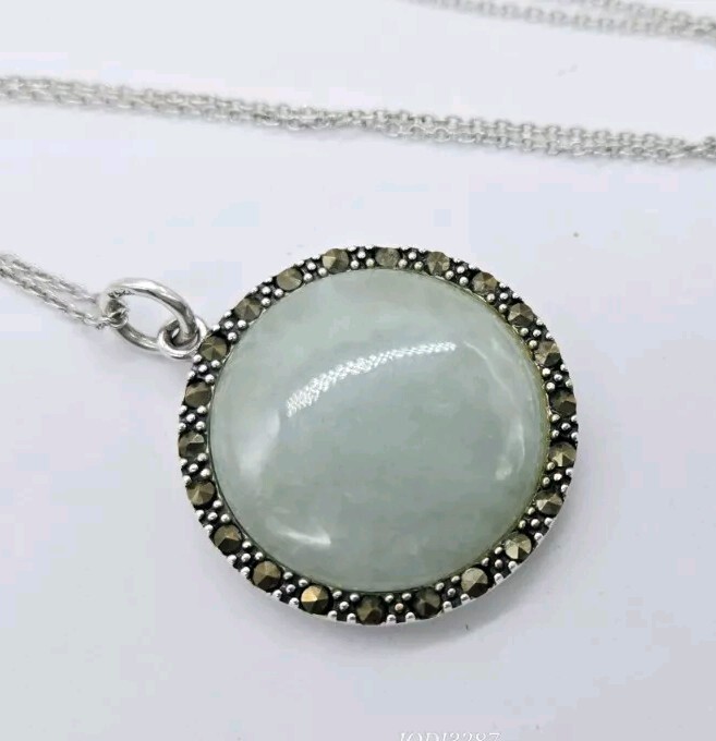 Sterling Silver Pendant Necklace 925 MARCASITE Dyed Jade HARMONY reversible 18″