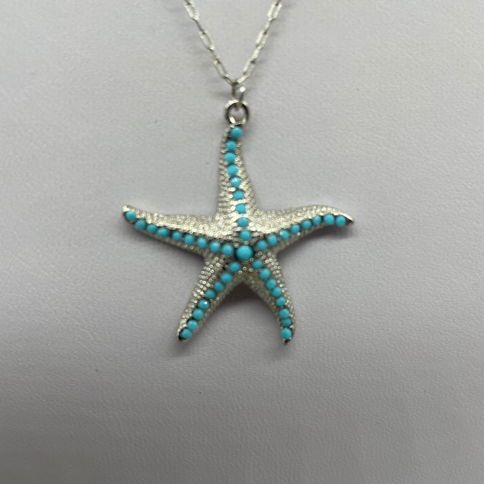 Silver Tone Starfish Pendant Necklace Turquoise Blue Bead Coastal Beach Jewelry