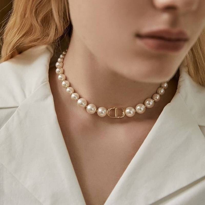 Necklace Earrings Bracelet Faux Pearl Silver Gold Chain Woman CD Pendant Strand