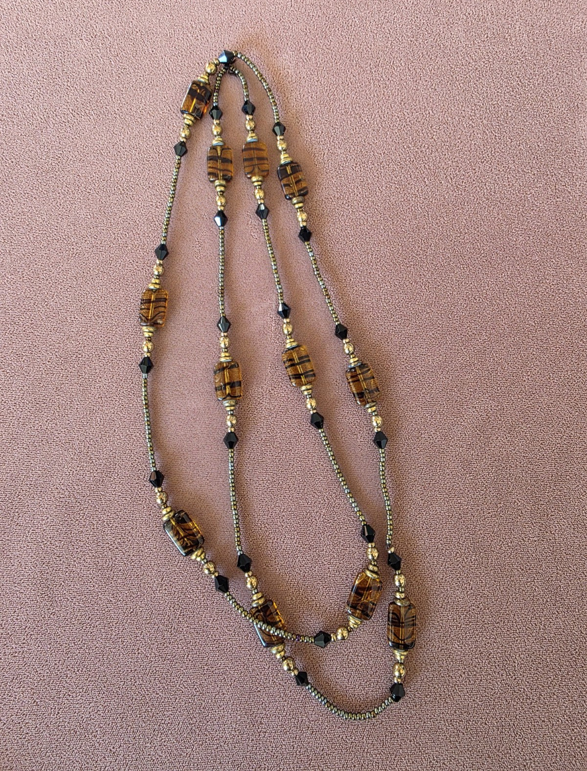 Tiger’s Eye Rectangle & Crystal Beaded Necklace Gold Tone Black Beads