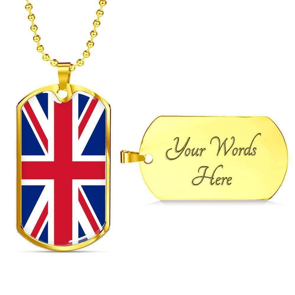 United Kingdom Flag Necklace Stainless Steel or 18k Gold Dog Tag 24″