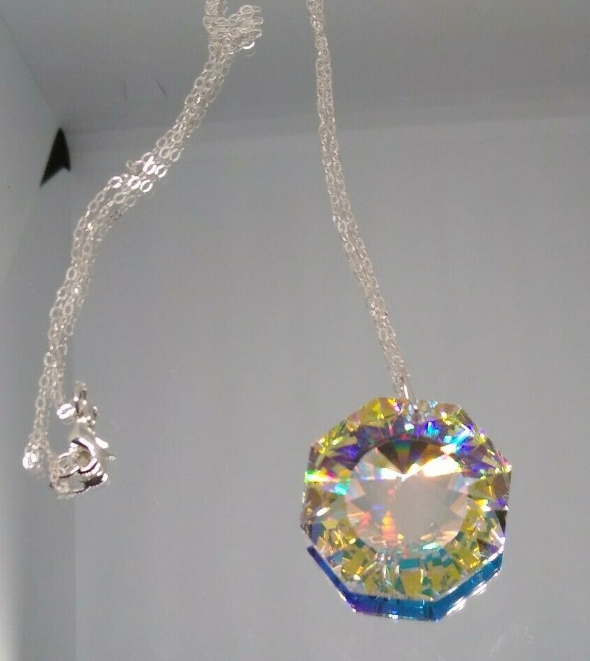 Handmade Sterling Silver Swarovski Crystal Clear AB 28mm Sunburst 6208 Necklace