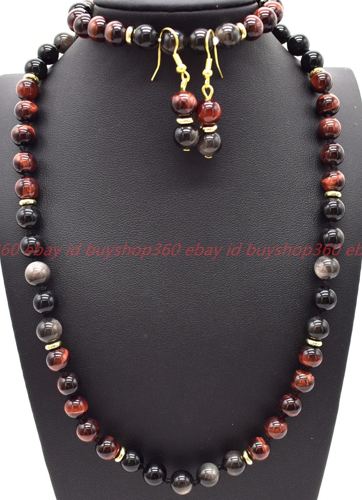 New 8mm Silver Obsidian Red Tiger’s Eye Gems Necklace Bracelet Earring 18/7.5in
