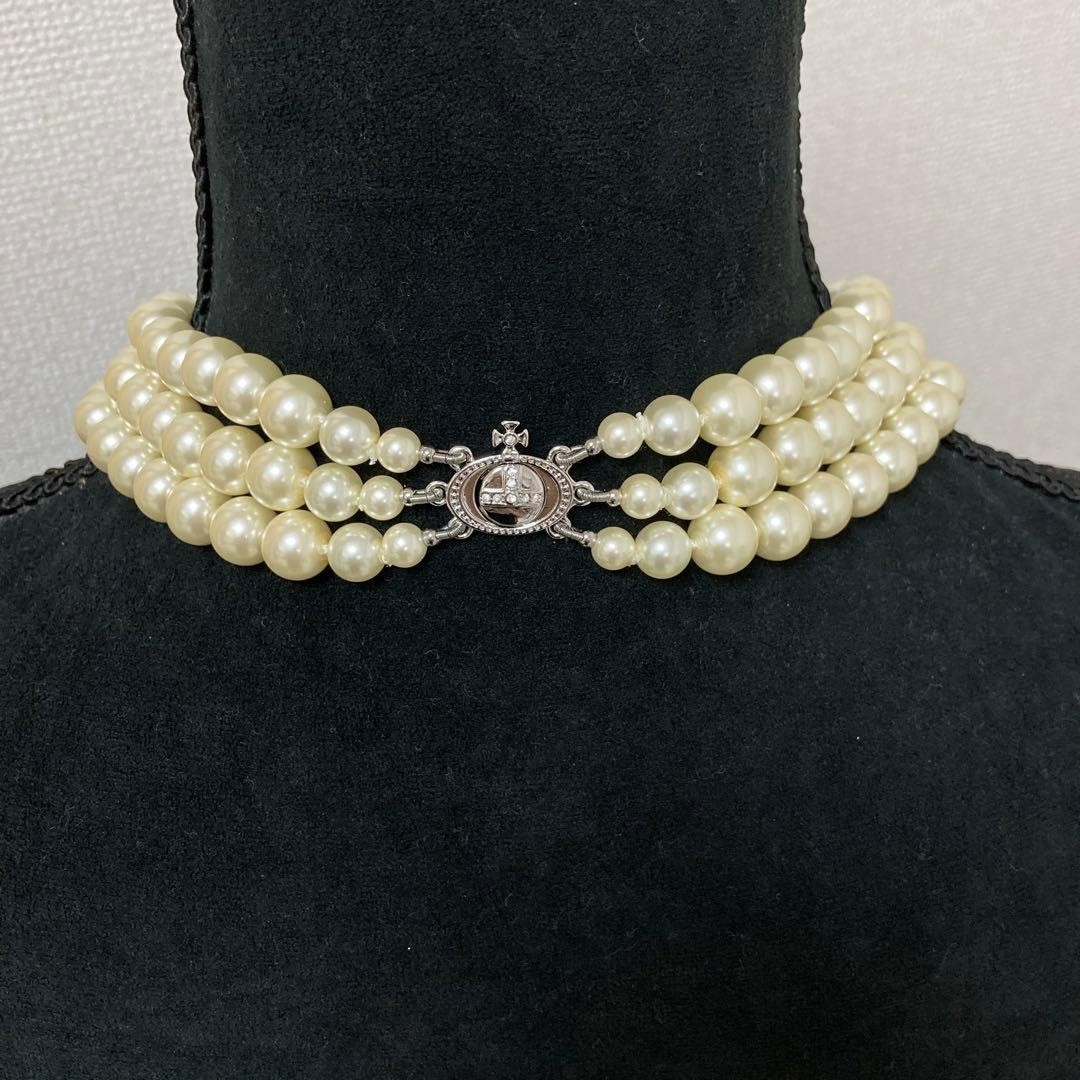 Vivienne Westwood Necklace 3-strand Pearl Drop Silver w/drawstring [E0155