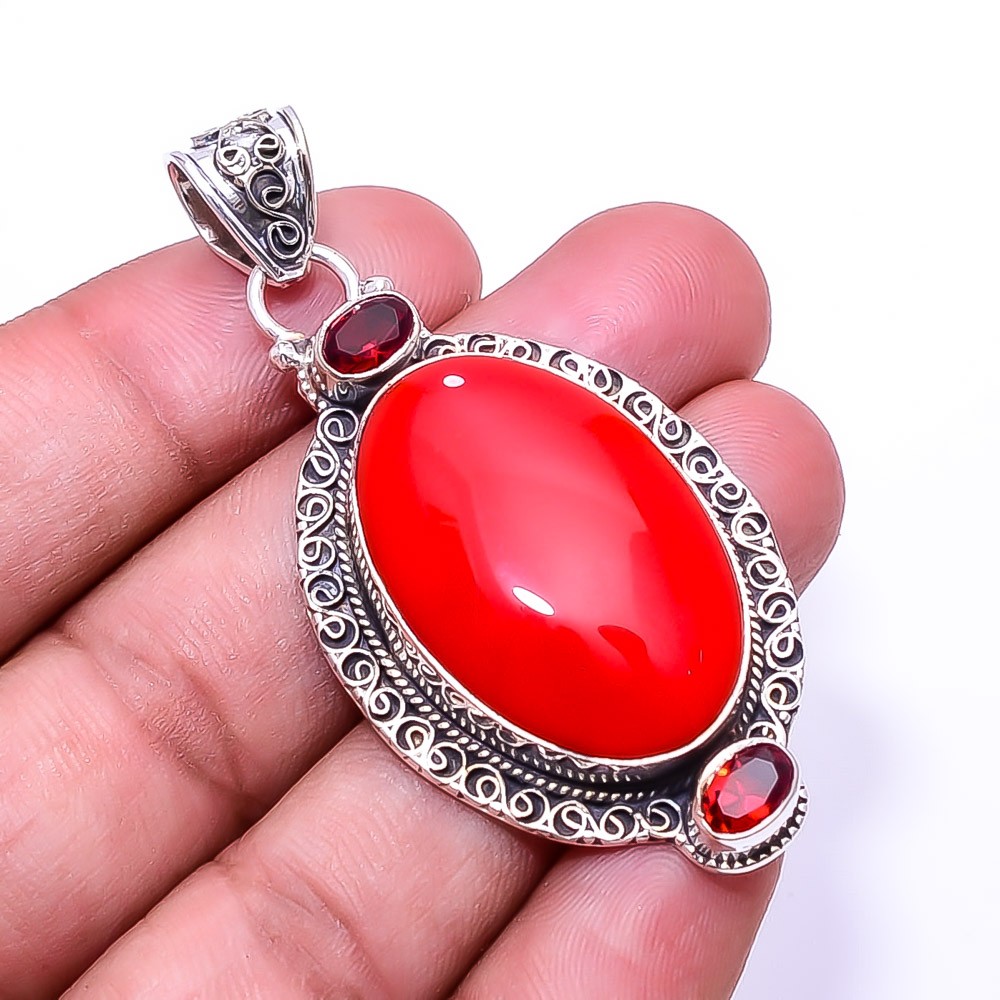 Red Coral & Red Garnet Fine Art Gemstone 925 Sterling Silver Pendant 2.46″ P56
