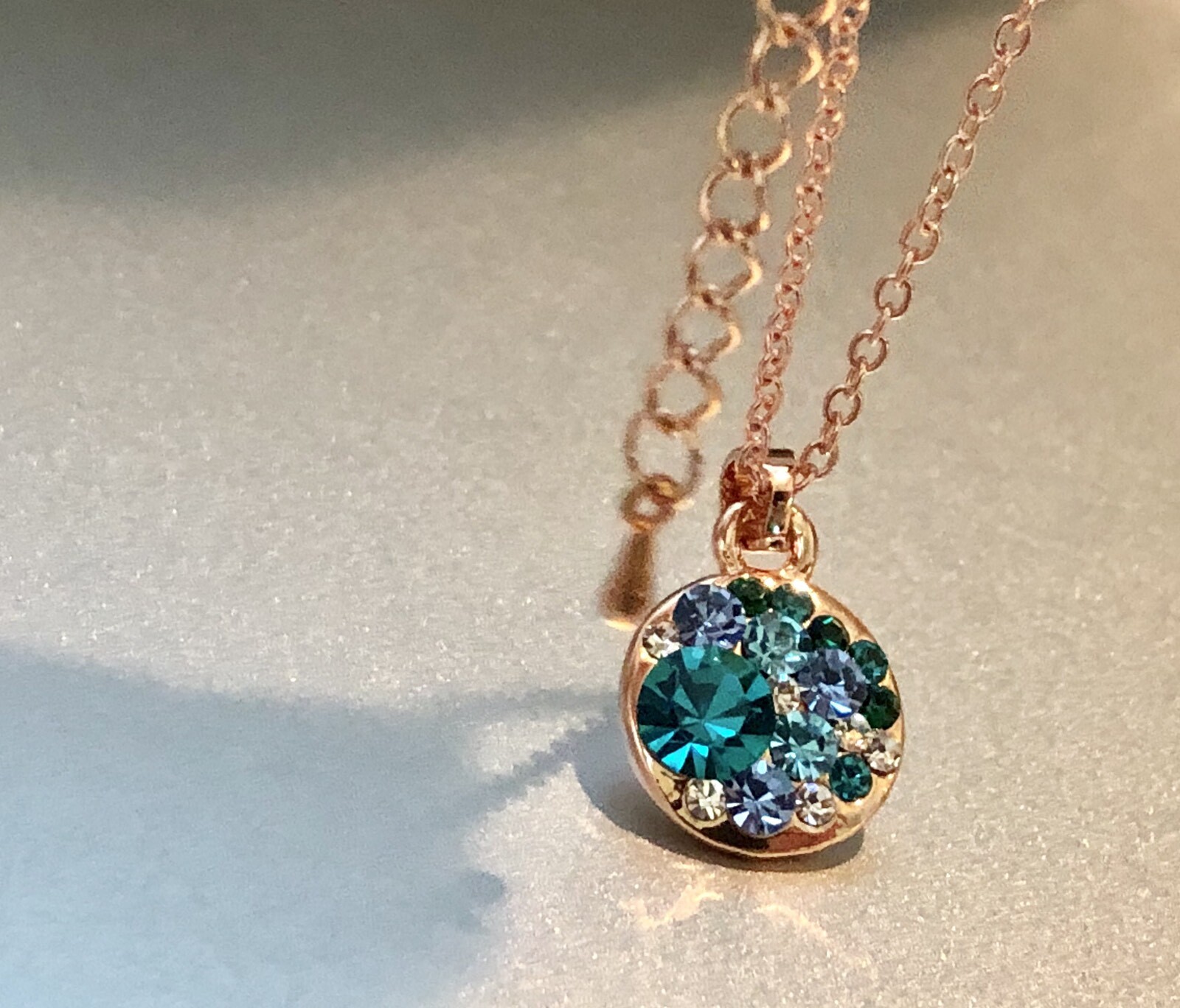 15mm Round Bella Blue Necklace Earrings Swarovski Crystal Rose Gold Plated Over