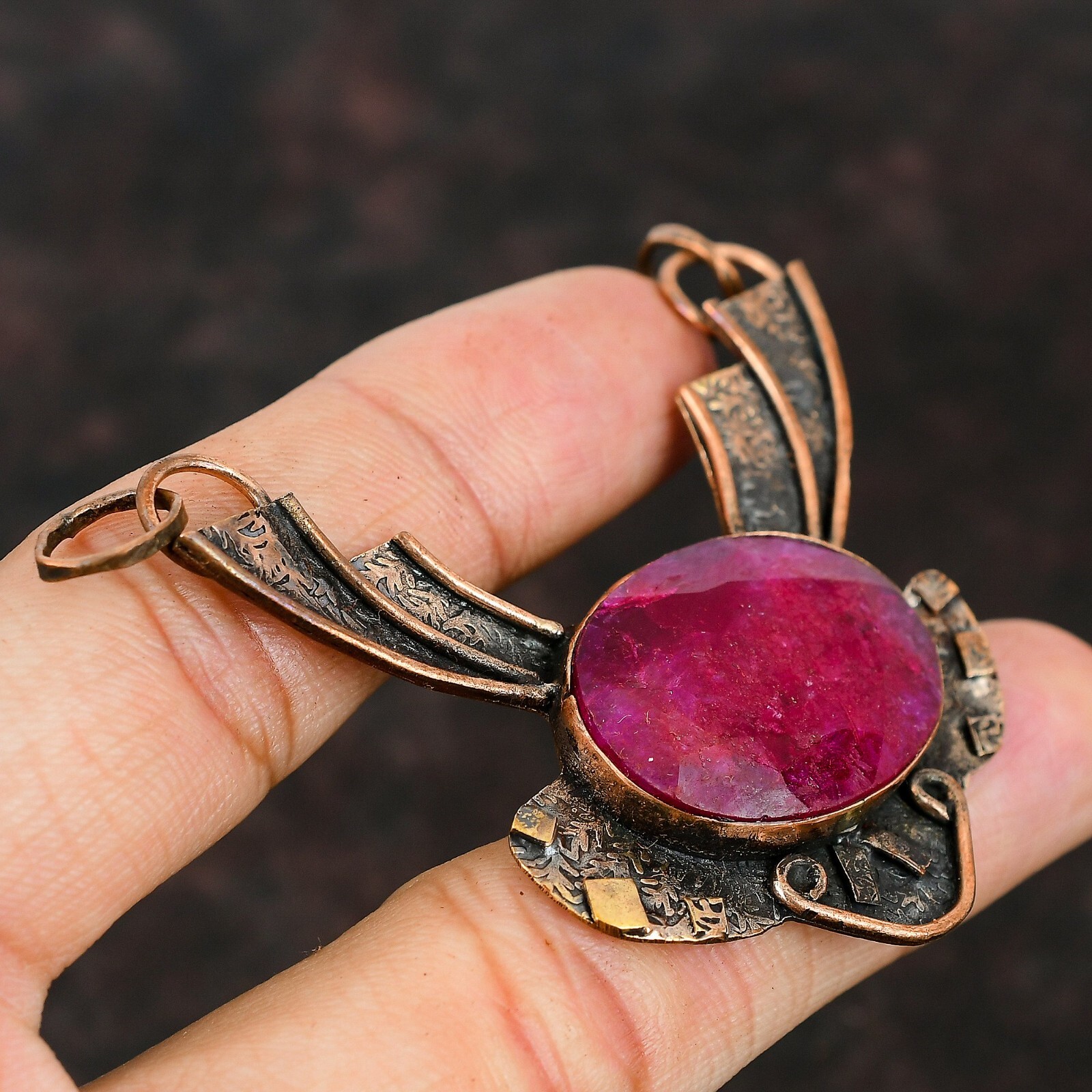 Valentines Sale Copper Oval Natural Kashmir Rubi Bezel Birthday Pendant Jewelry