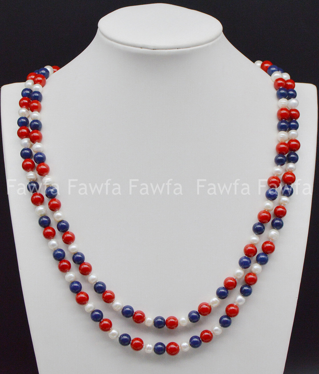 6-7mm White Pearl 8mm Red Coral Blue Lapis lazuli Round Beads Necklace 16-100”