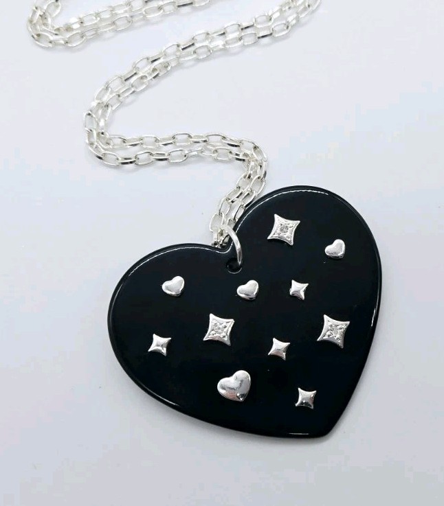 HEART Pendant Necklace Black & Silver tone Crystal Accent Modern 30 in