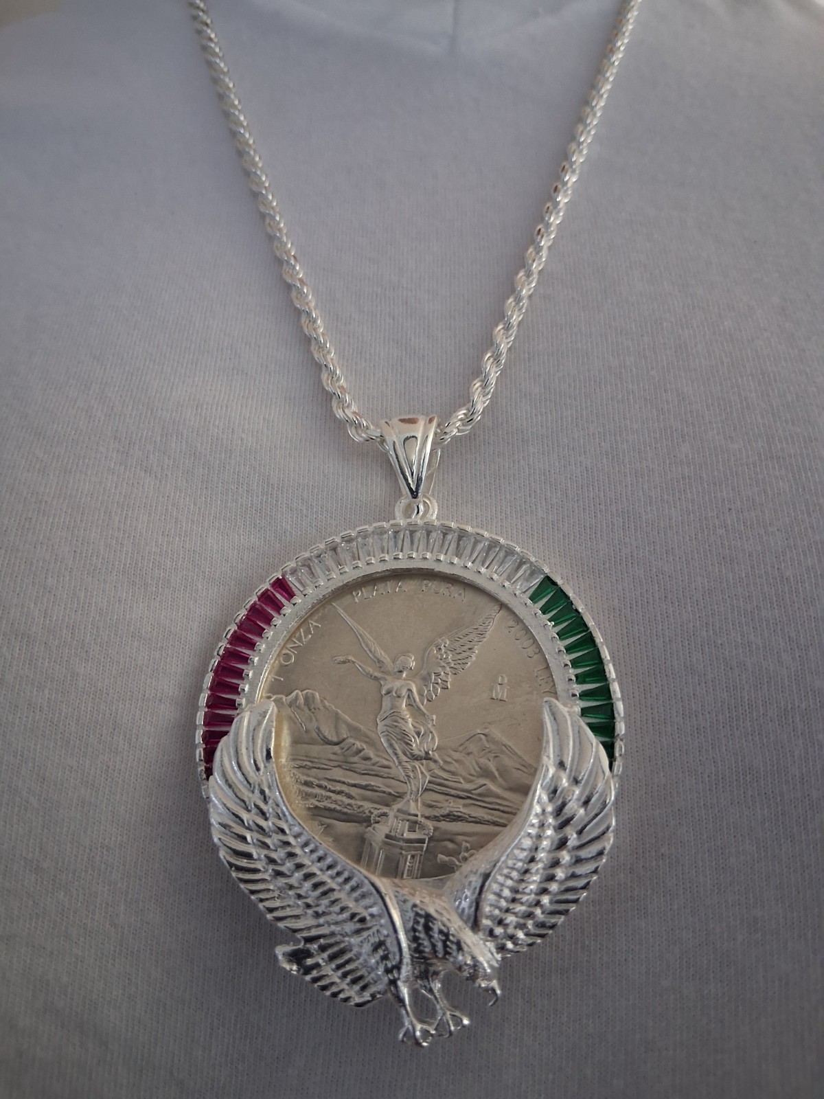 cadena bizel aguila y moneda 1 OZ plata 925 83 gramos 24″ larga 3.4mm plata MX