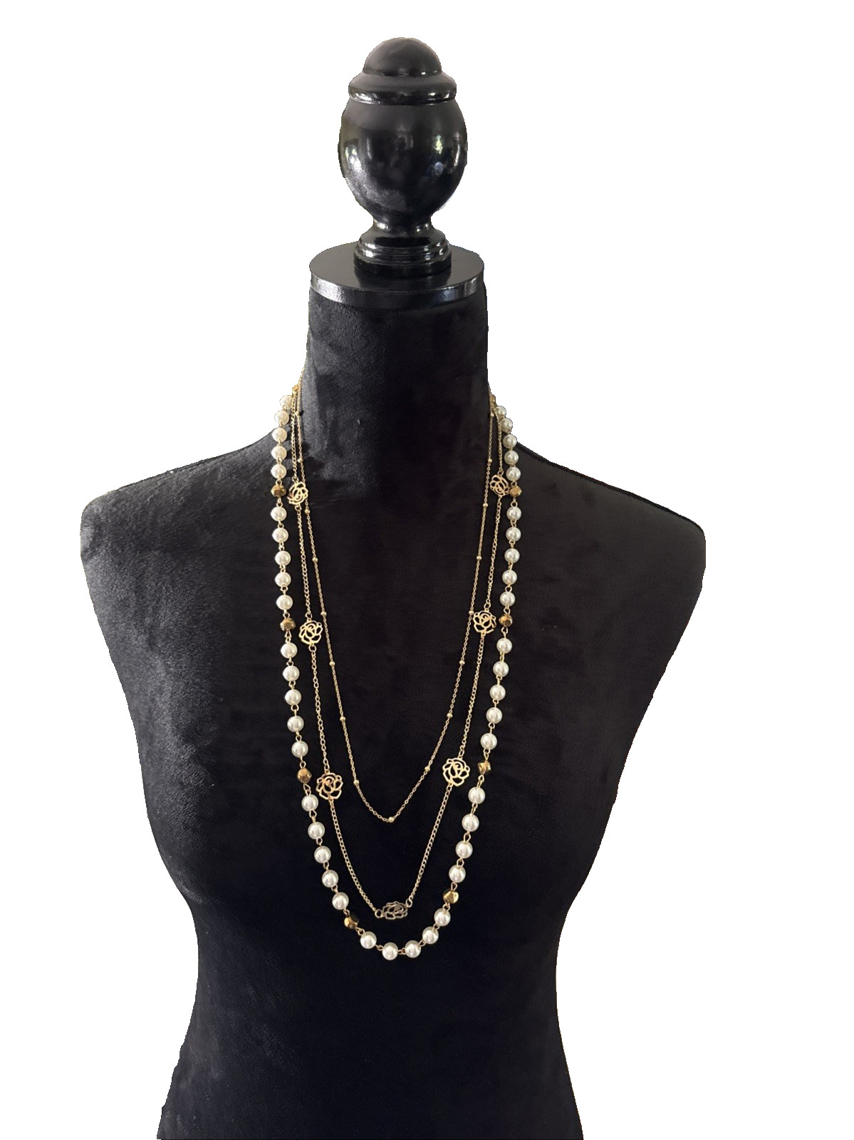 3 Strand Gold-Tone Necklace White Pearls Filigree Rose Beads Design 12″ Drop
