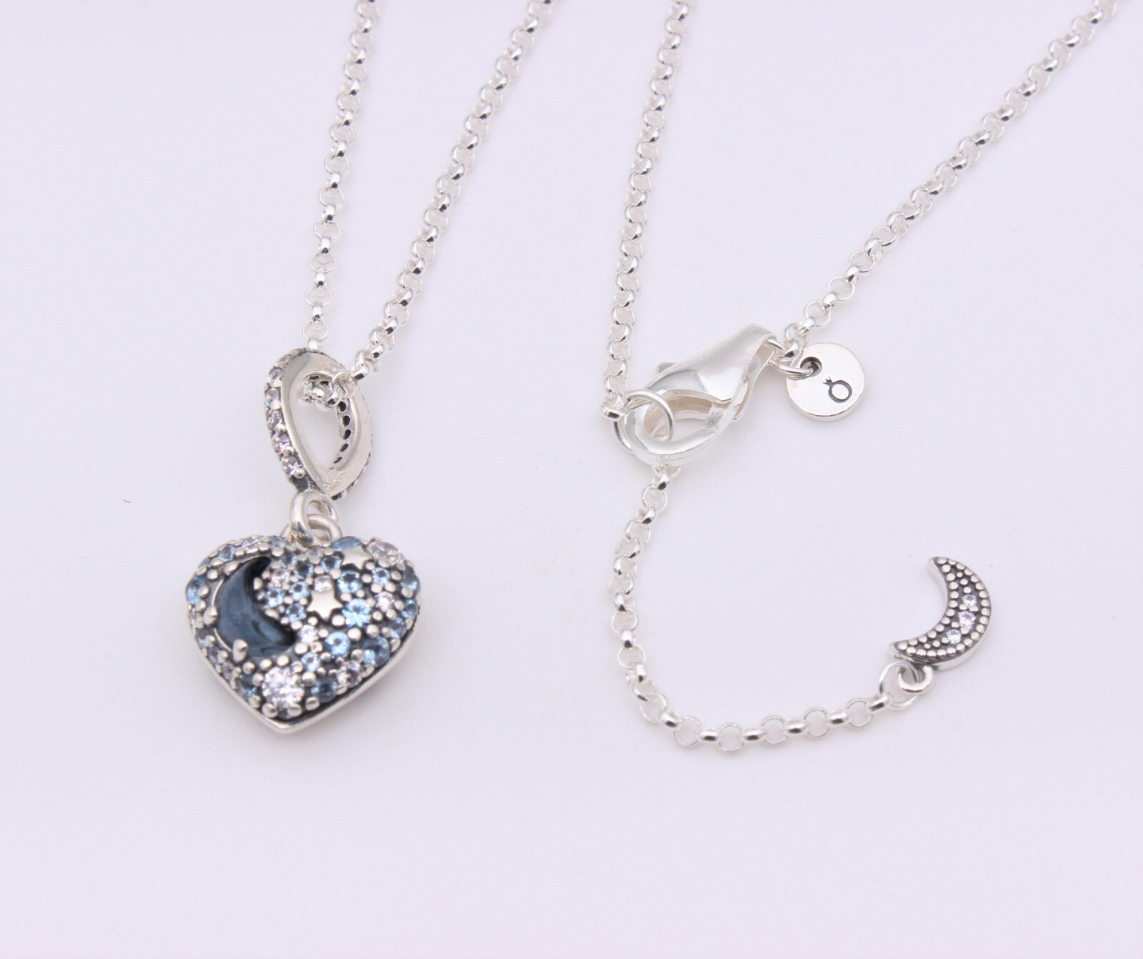New PANDORA Sparkling Blue Moon & Stars Heart Silver Necklace Valentine’s Day