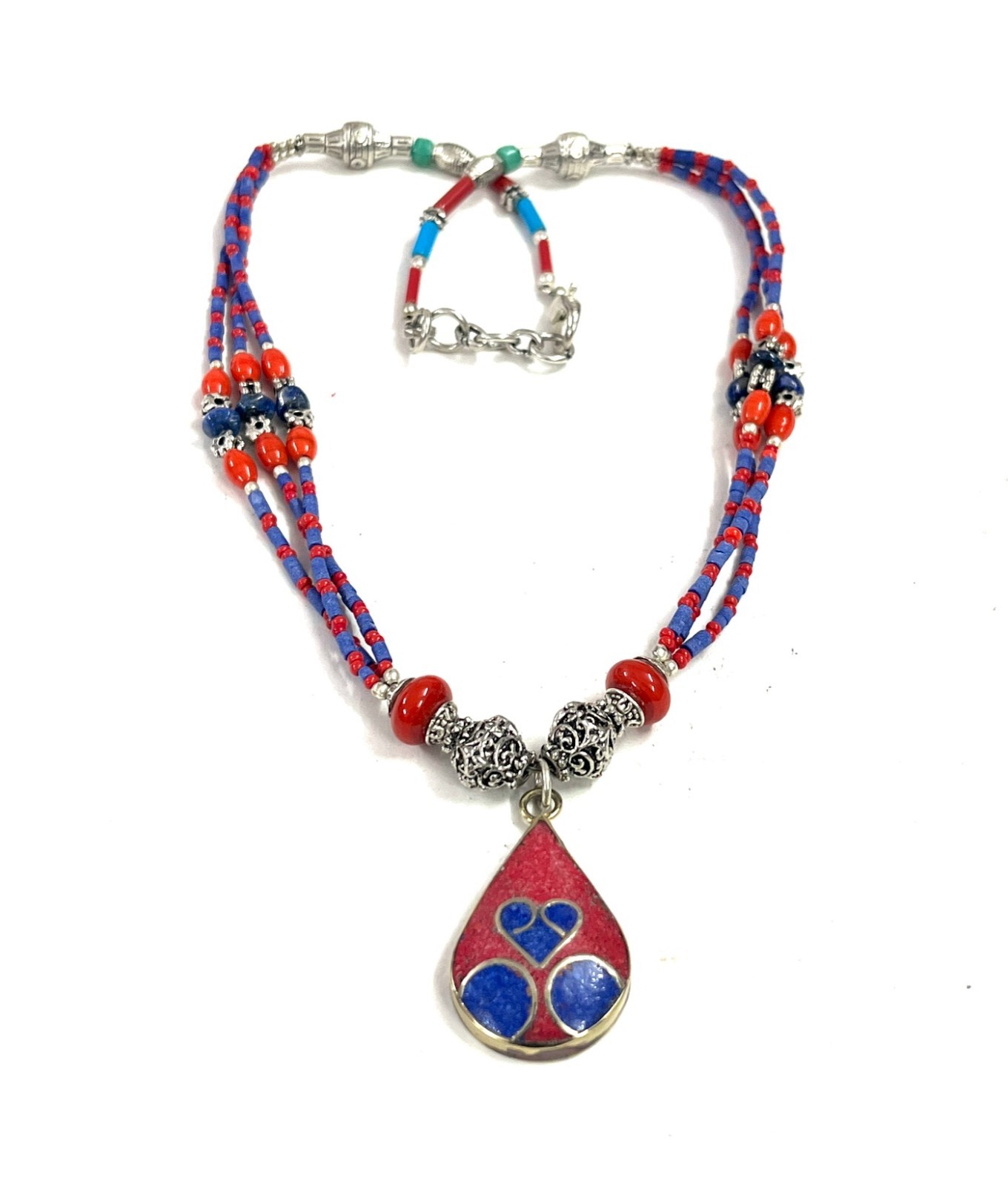 Antique Red Coral Lapis Gemstone Tibetan Bohemian Necklace Jewelry, 18 Inc Adjst
