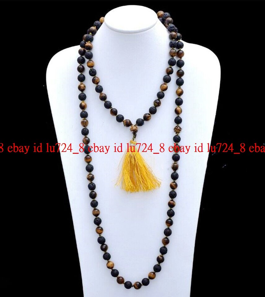 Natural Lava Rock Tiger’s Eye Gems Tibet Buddhist 108 Prayer Beads Mala Necklace