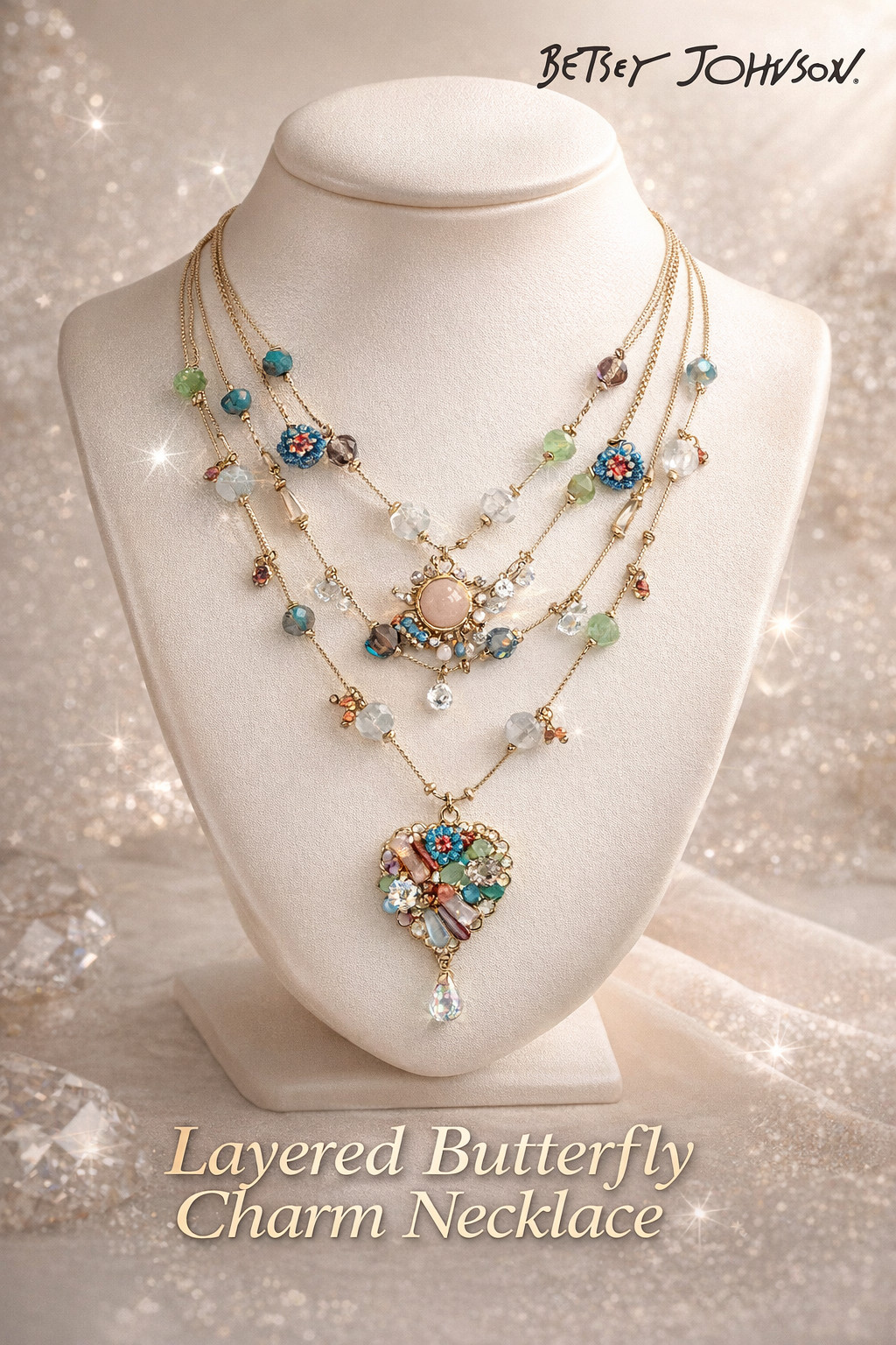 Betsey Johnson Layered Butterfly Charm Necklace Multi Strand Colorful Pendant
