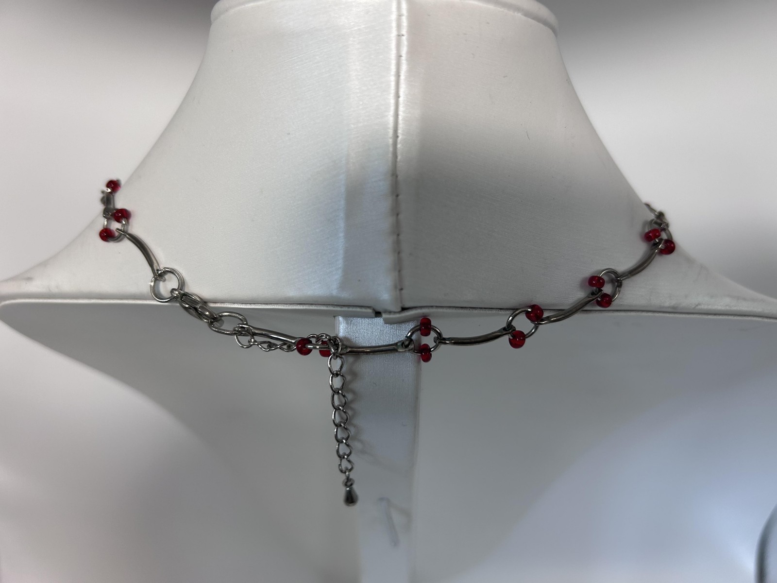 Necklace Silver Tone Red Glass Bead Station Curved Bar 18 Inch Lobster Clasp