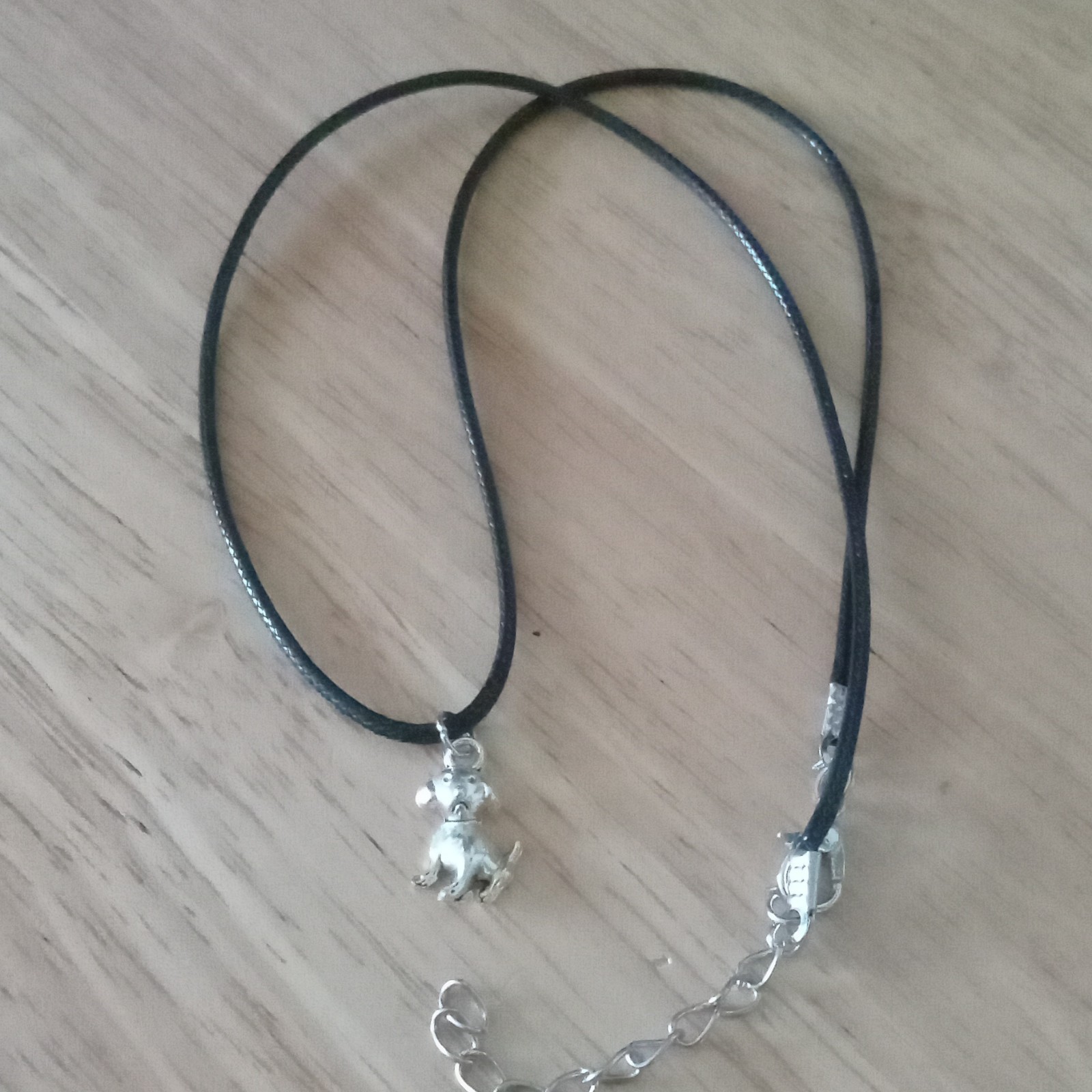 Dog Charm Pendant Necklace Adjustable Black Cord Silver Tone Lobster Closure