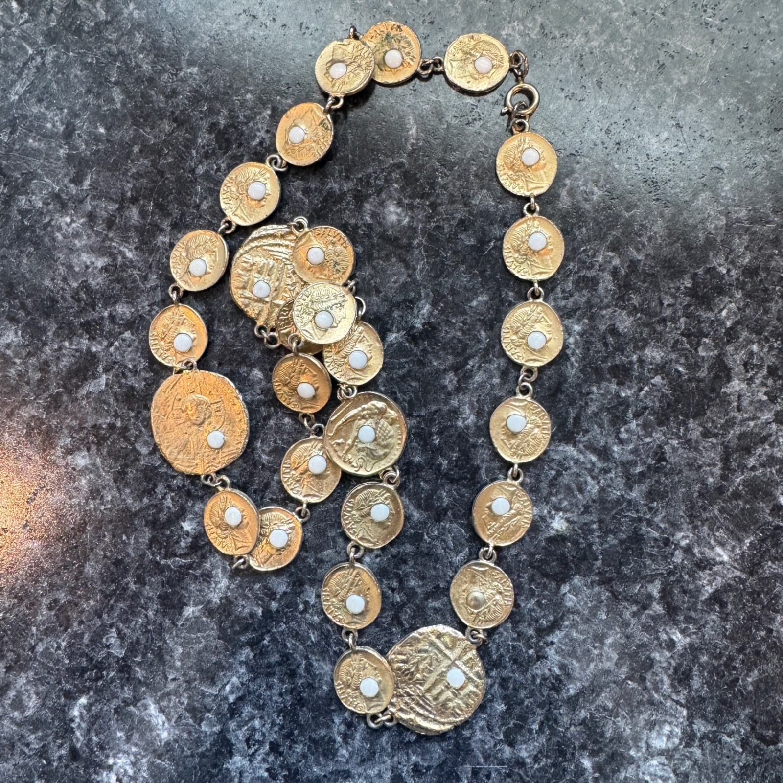 Vintage 80s Pauline Rader Gold Greek/Roman Coin Necklace White Cabochon Hammered