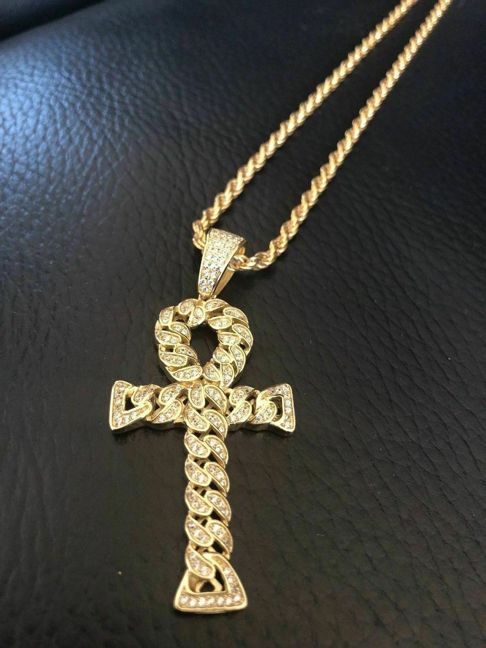 Ankh Cuban Link Cross 14k Gold Plated Solid 925 Sterling Silver Pendant 1ct CZ