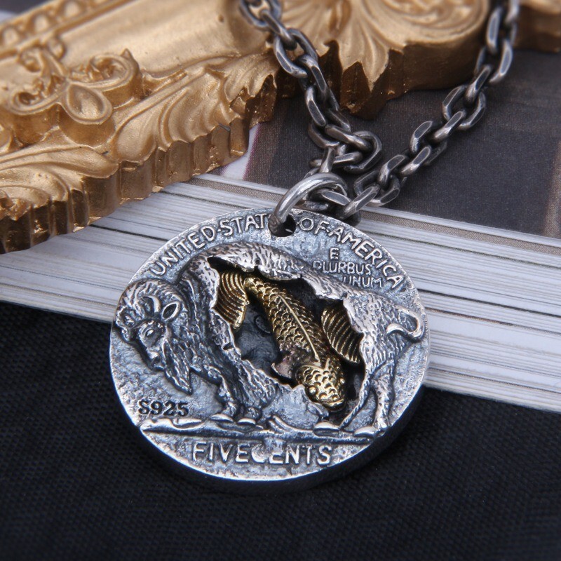 Indian Skull Head Buffalo Koi 1936 Coin Double Sided Pendant 925 Sterling Silver