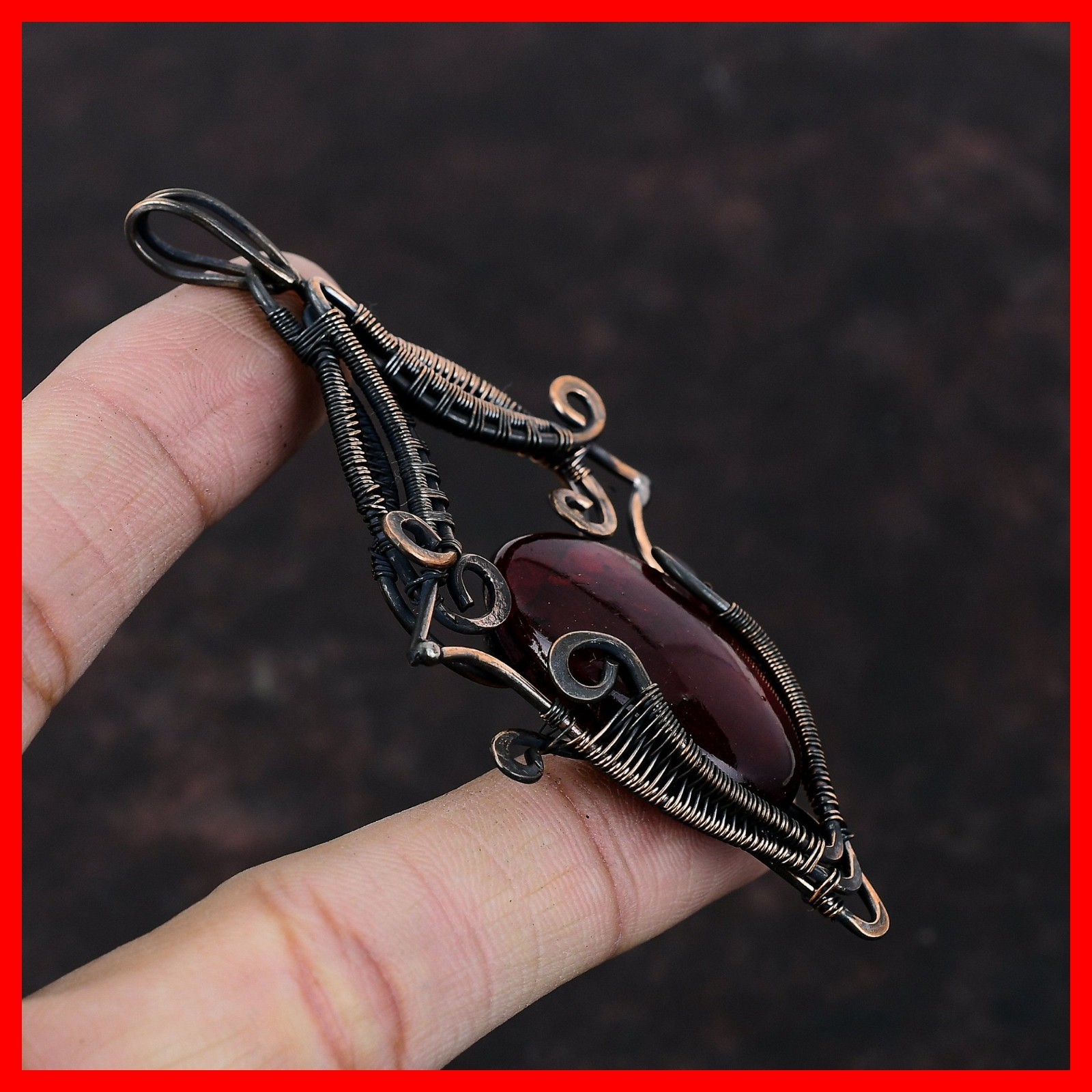 Third Eye Chakra Red Fire Labradorite Stone Copper Wire Wrapped Pendant Jewelry
