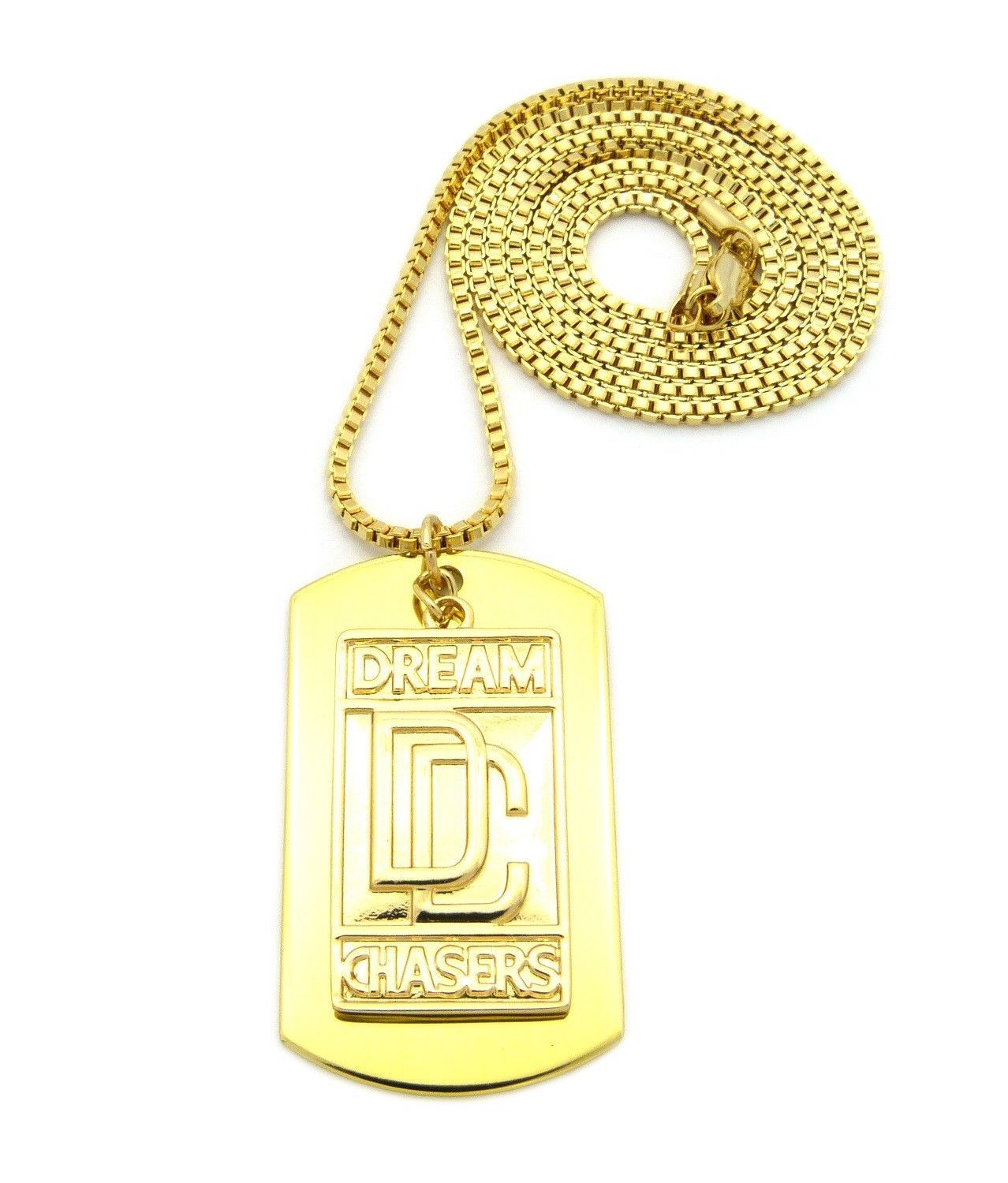 New Gold Plated DREAM CHASERS DC & Dog Tag Pendant w/ 2mm 30″ Box Chain Necklace