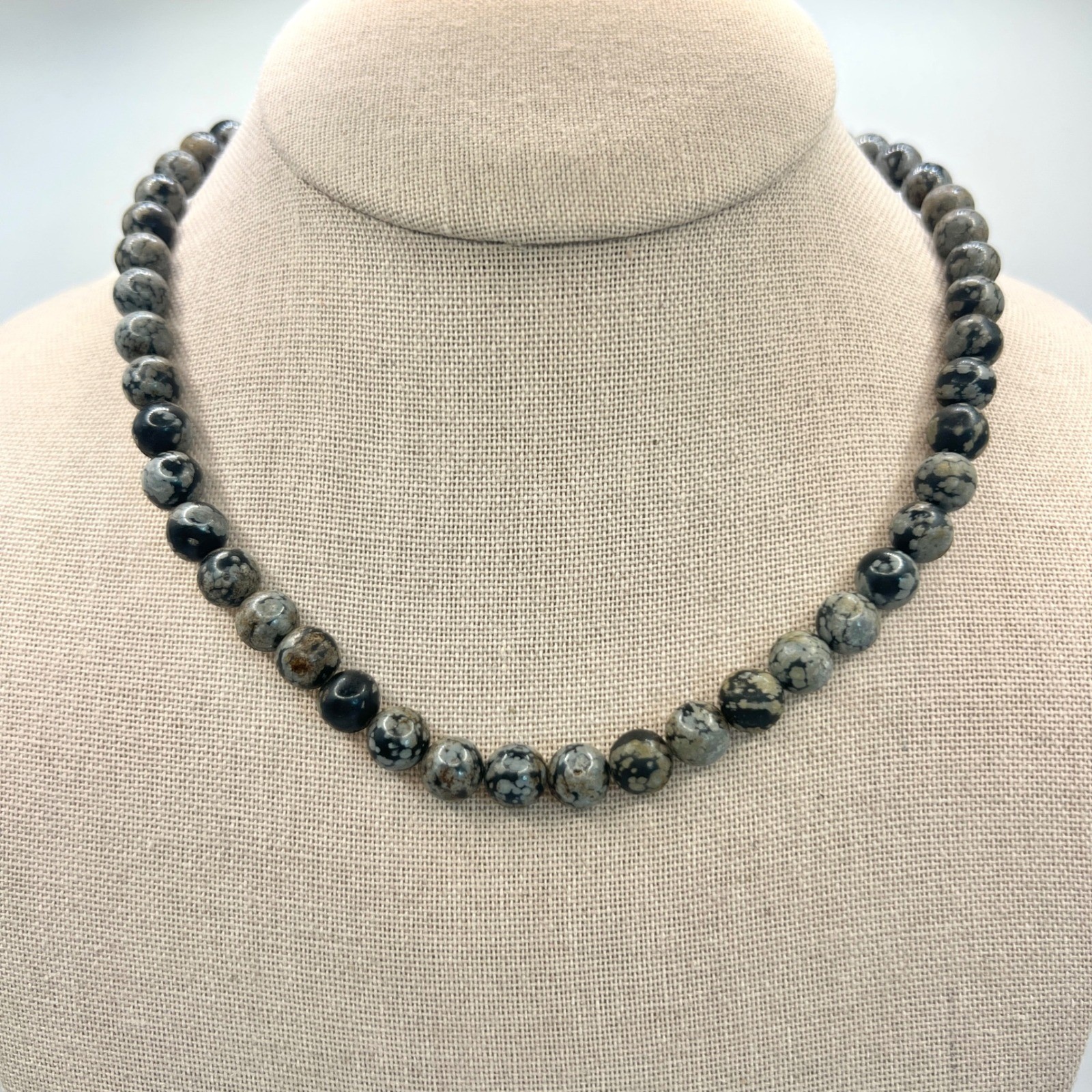 Snowflake Obsidian Beaded Necklace Black Grey Natural Stone 16 Inch Gold Clasp