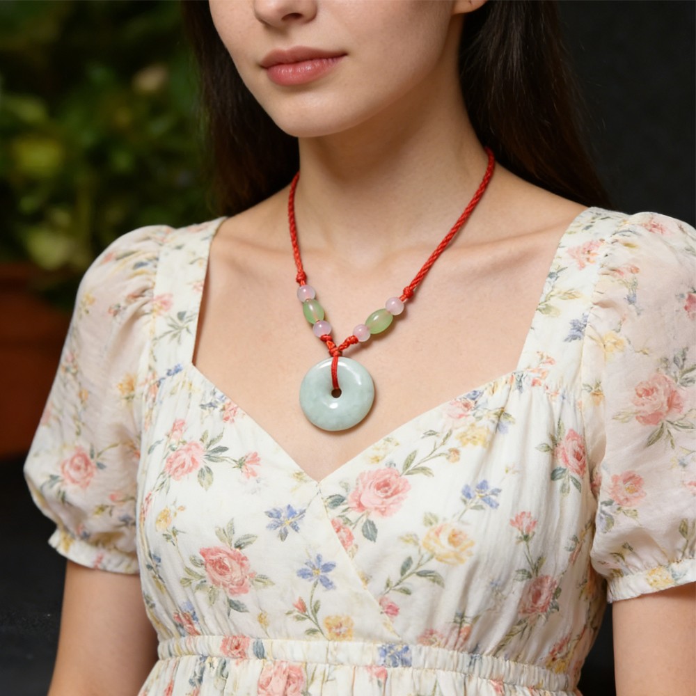 Jadeite Peace Donut Pendant Necklace – Healing Crystal Circle Stone with Adjusta
