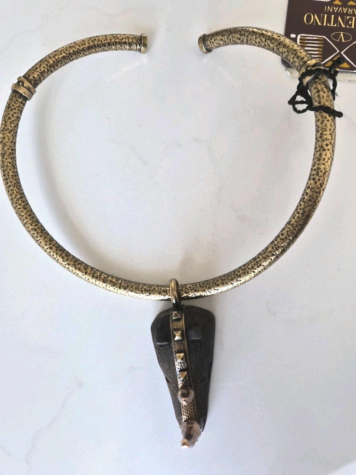 VALENTINO Tribal Mask Necklace Runway Bronze Pendant $945 Rhino
