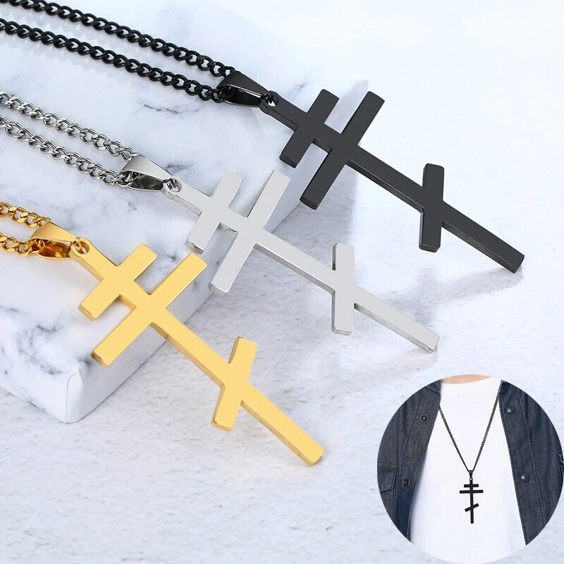 Cross Necklace, Eastern Orthodox, Stainless Steel Pendant, Men, Russian, Greek