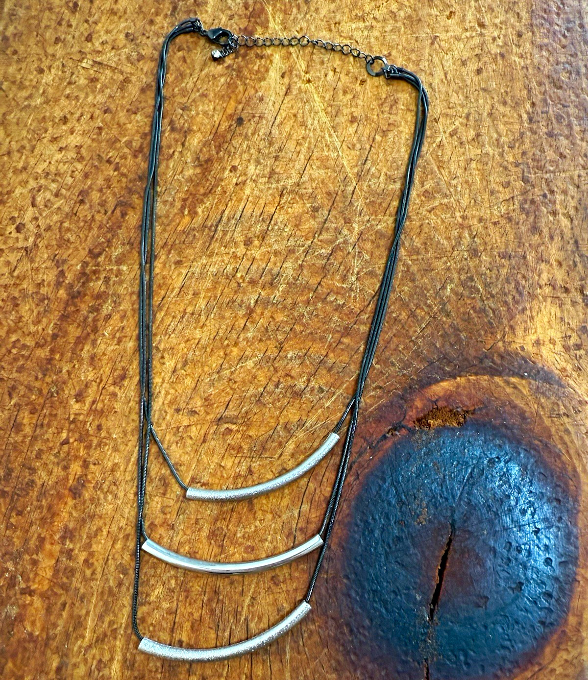 Black Cord Chain Necklace Silver Tone Curved Bar Pendant Adjustable Lobster