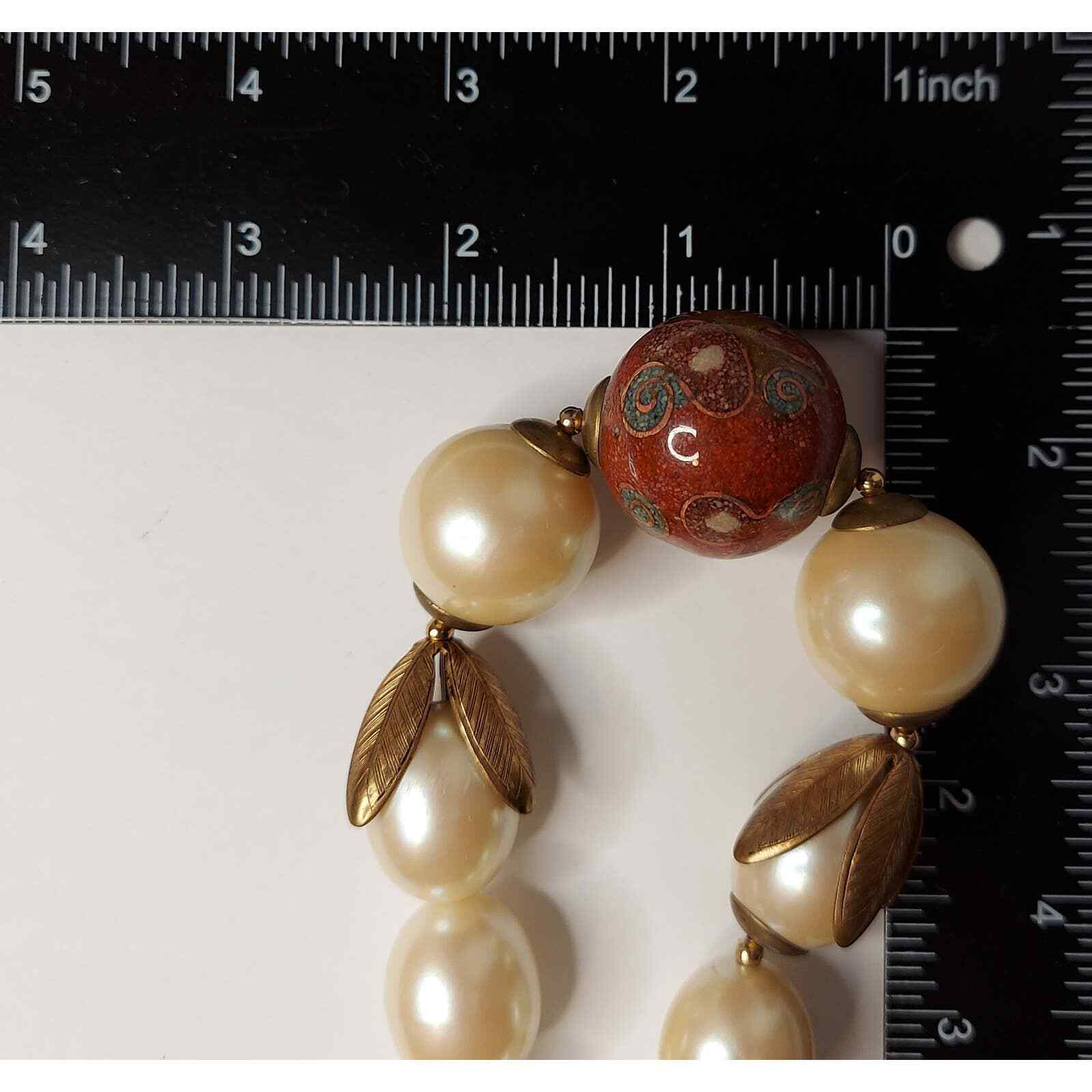 Chunky Egg Shape Faux Pearl 18″ Necklace Large Red Venetian Style Center Bead