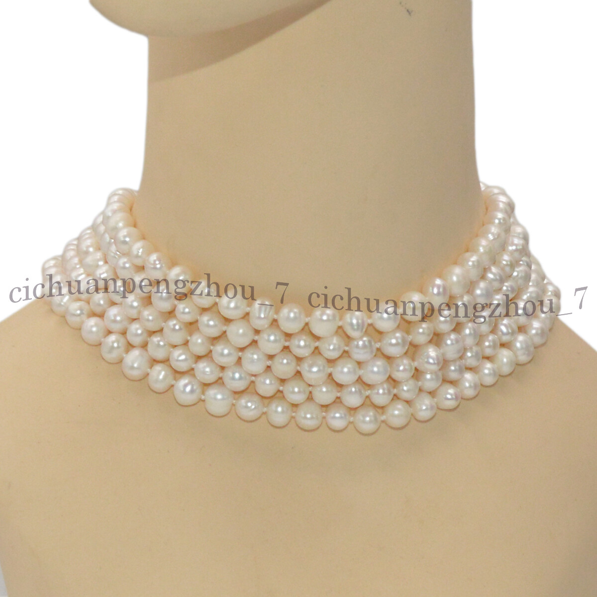 5 Rows Natural 7-8mm White Akoya Cultured Pearl Choker Layered Necklace 14.5”