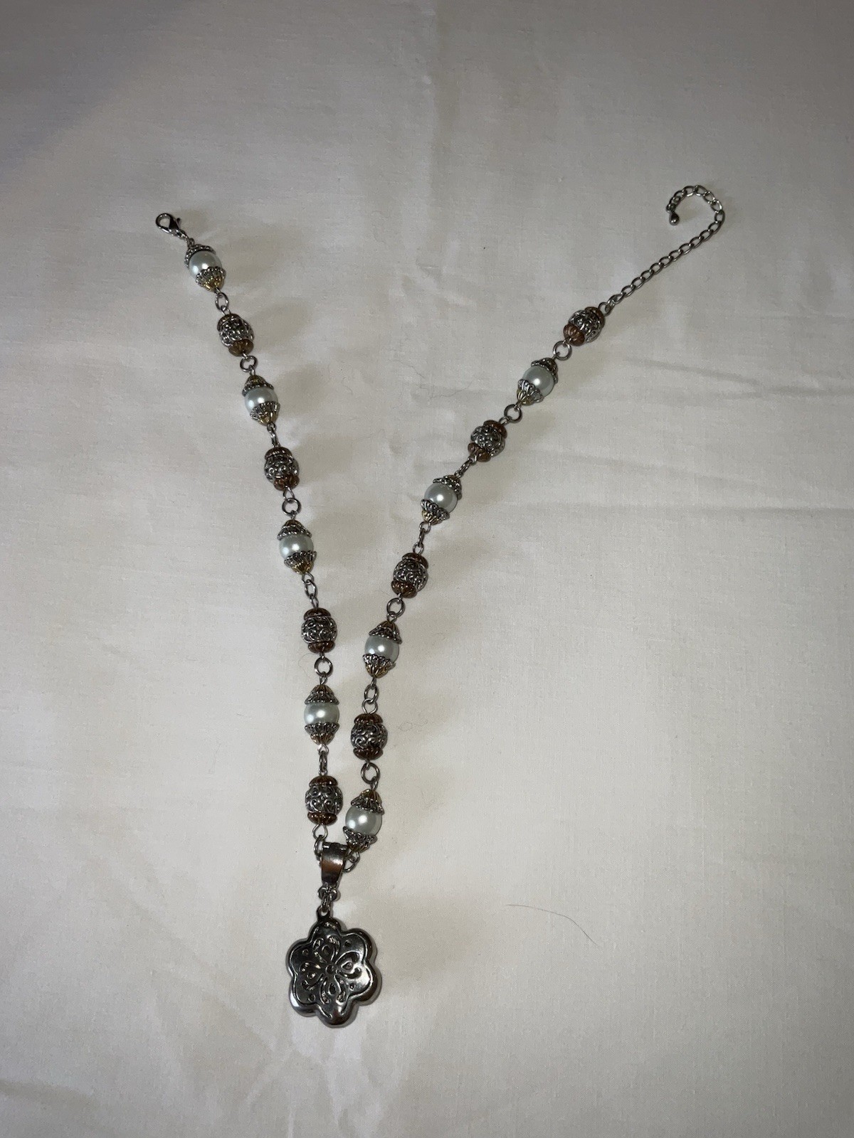 Silver and Bronze Tone Cable Chain Necklace Simulated Pearl 18 in