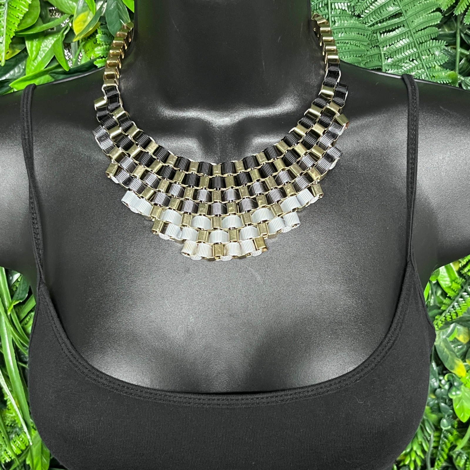Ribbon Tiered Statement Bib Necklace Black Grey Gold Tone Woven Collar 3801