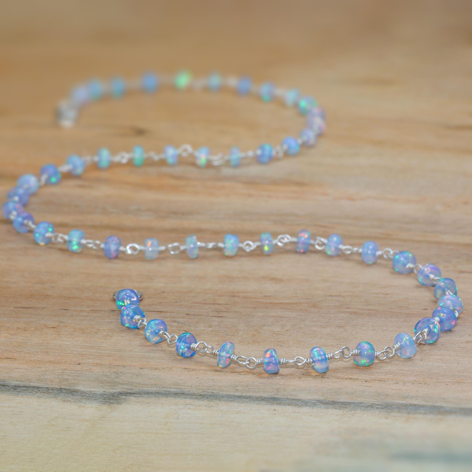 Multifire Blue Opal Wire Wrap Necklace, Fire Opal Beaded Necklace, Smooth Opal