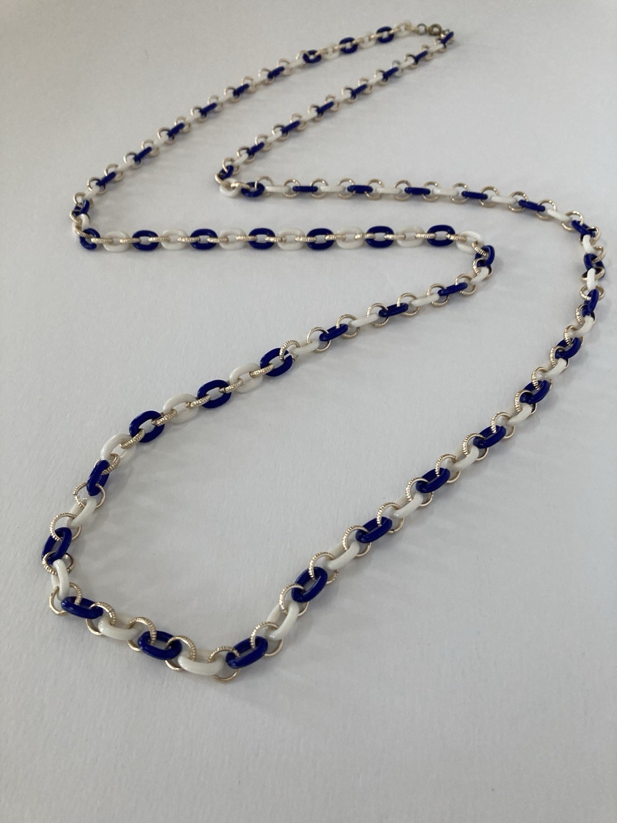 Blue, White And Gold Tone Rings, Necklace Spring Ring Clasp 51” Long
