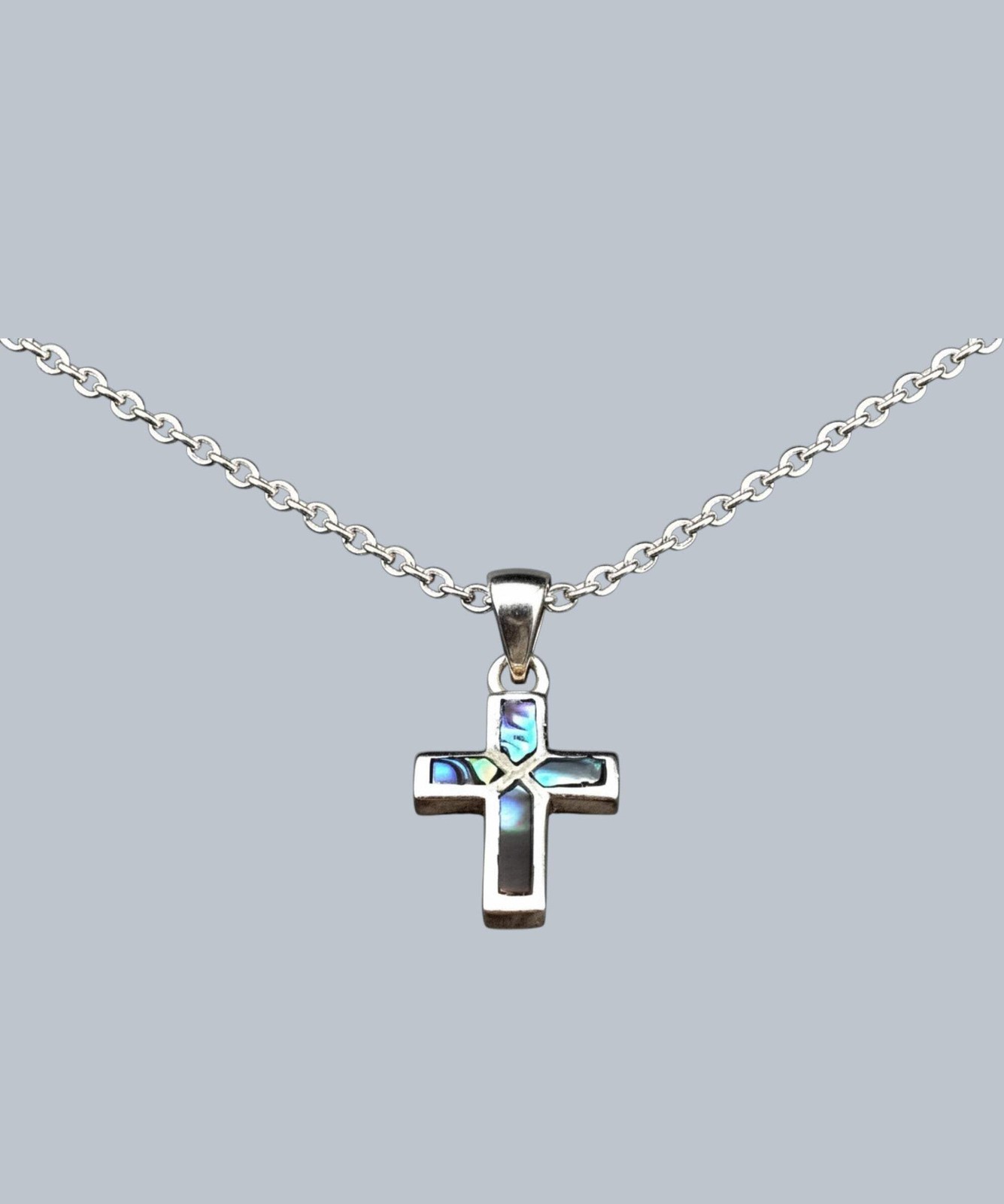 Abalone Cross on 925 Tagged Sterling Silver Plated 2mm Snake Chain