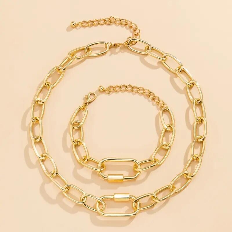 2pcs Golden Women Chain Necklace Set Women Hip Hop Miami Cuban Choker Necklace