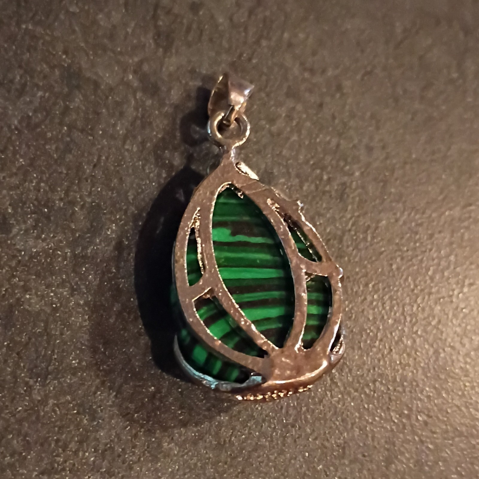 Teardrop Malachite Stone Charm Pendant Silver Tone Bezel Setting w/ Bail