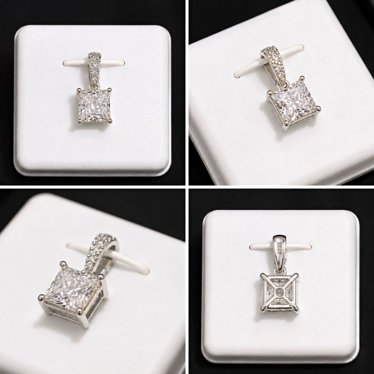 925 Sterling Silver Square White Simulated Diamond Pavé Charm Pendant No Chain