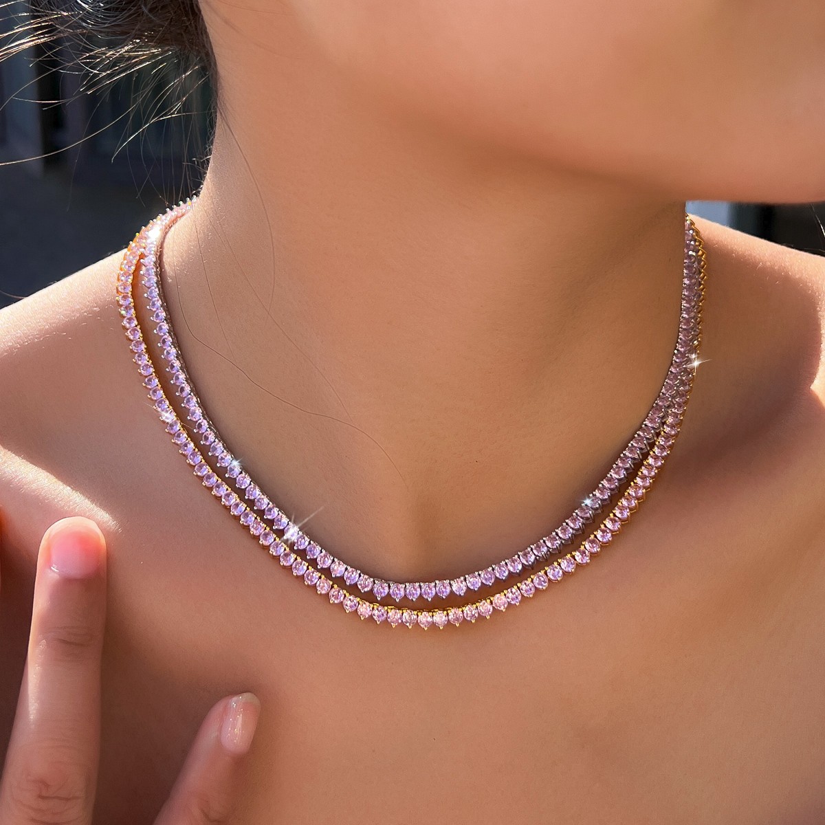 3mm Pink Round Cubic Zirconia Gold Plated Tennis Necklace Women Wedding Jewelry