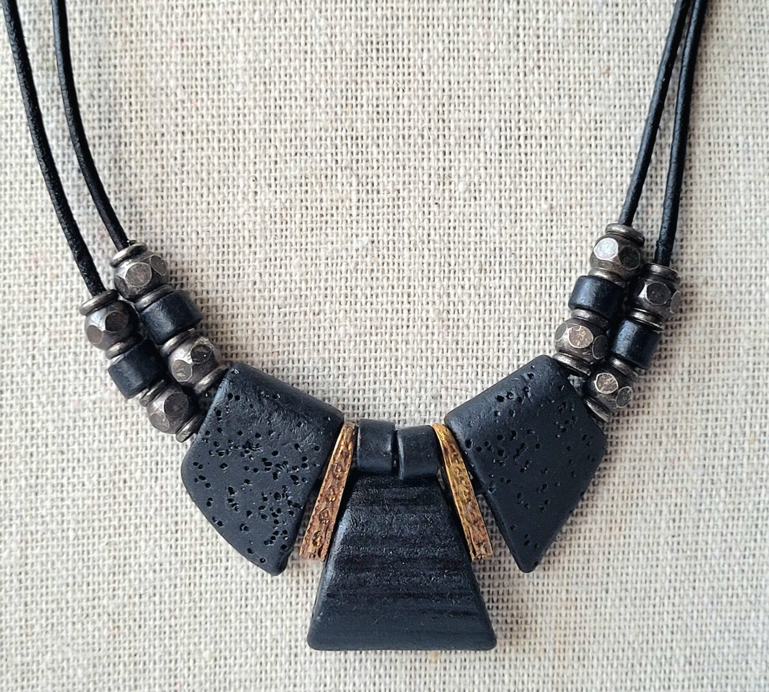 Lava Rock And Brass Accent Black Geometric Modernist Choker Collar Necklace
