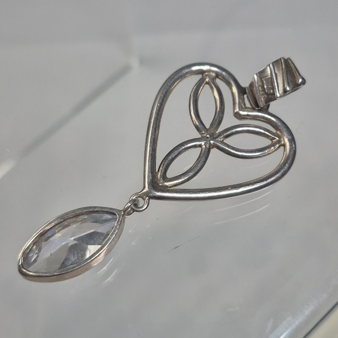 Modern Sterling Silver 925 Heart Clover Marquise Clear CZ Large Pendant