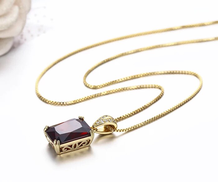 ZARD Emerald Cut Red Cubic Zirconia Pendant in 14K Gold Necklaces