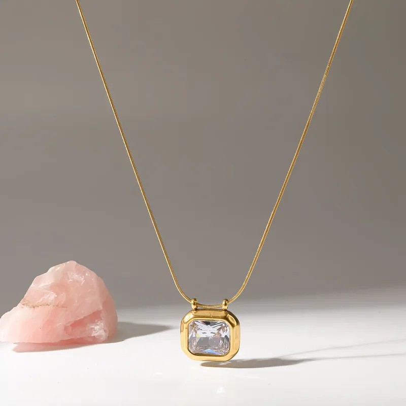 Yellow Gold Plated Chain Necklace w/ Square Bezel-Set Black Crystal Pendant